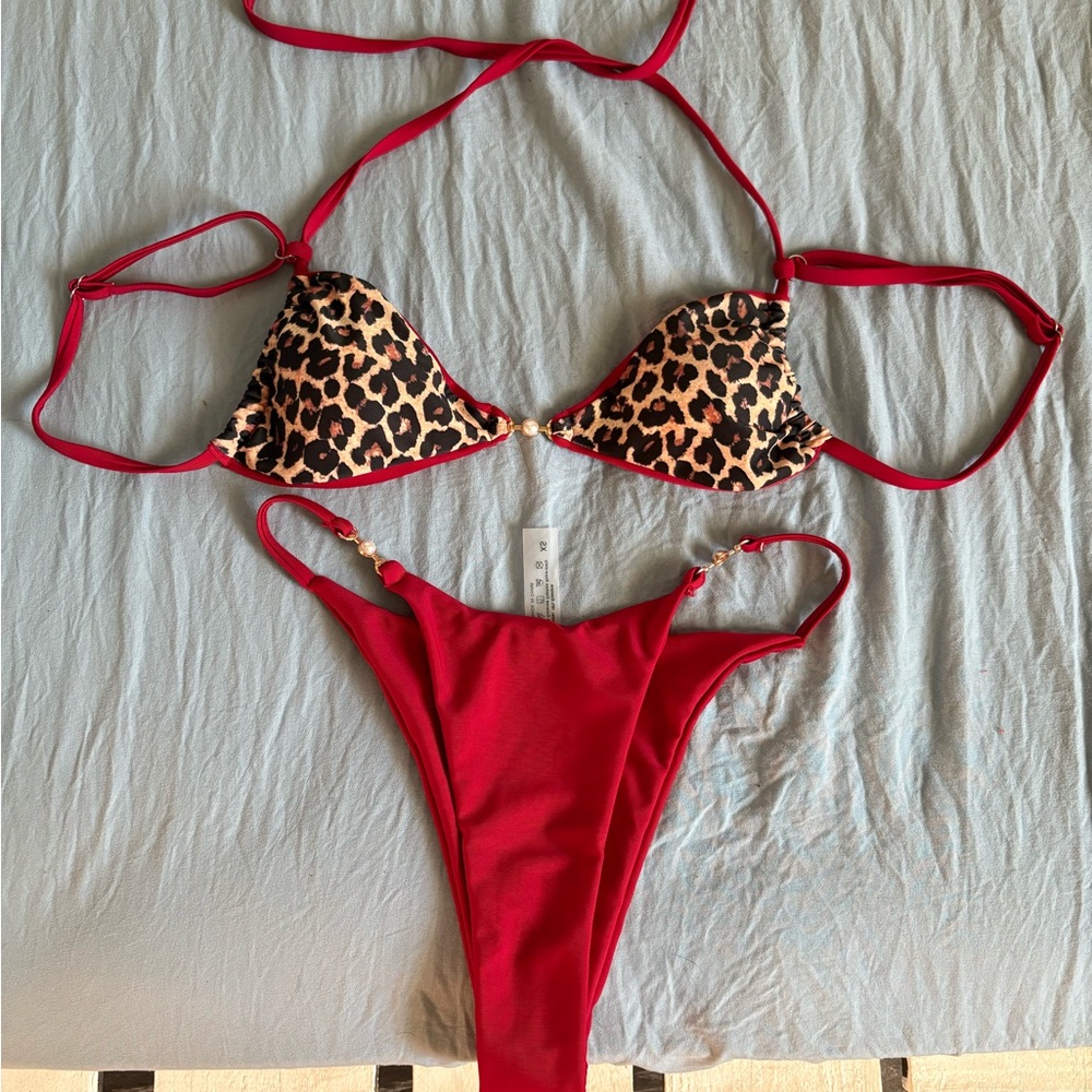 Red and Leopard Print Bikini Set